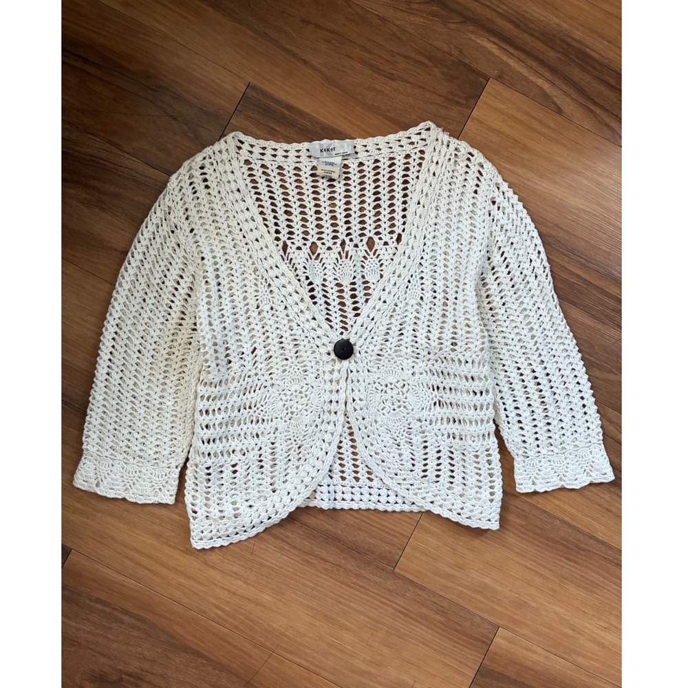 KIKIT Maurice Sasson Y2K Cream Crochet Cardigan Open Knit Button Front L (12/14)